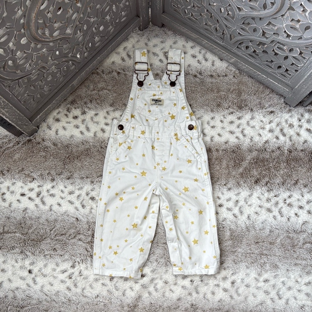 OshKosh Overalls Gold Stars kids 12 months preppy white denim garden party